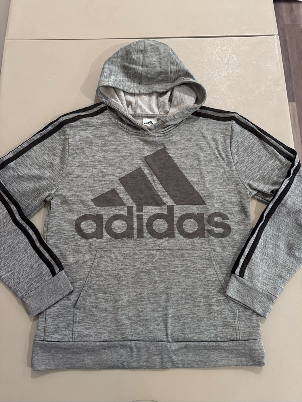 adidas Unisex Kids Large 14-16 Gray/Black Fleece Pullover Hoodie Pockets Logo
